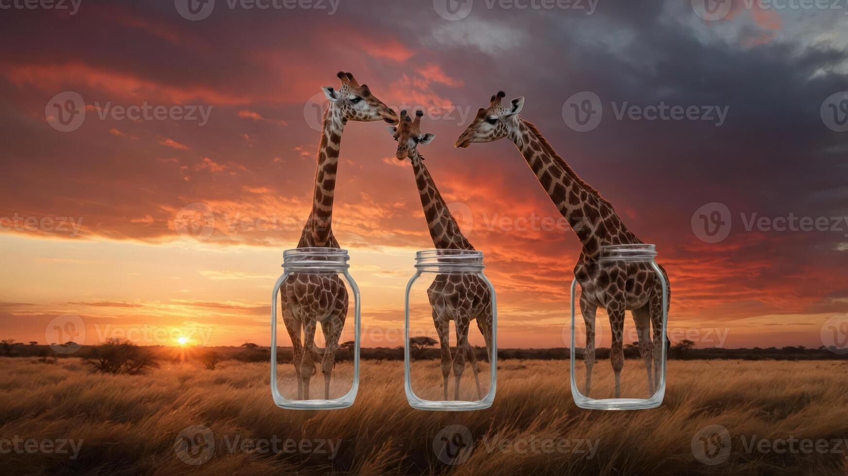 Three giraffes inside glass jars against a sunset backdrop in a grassy landscape. photo