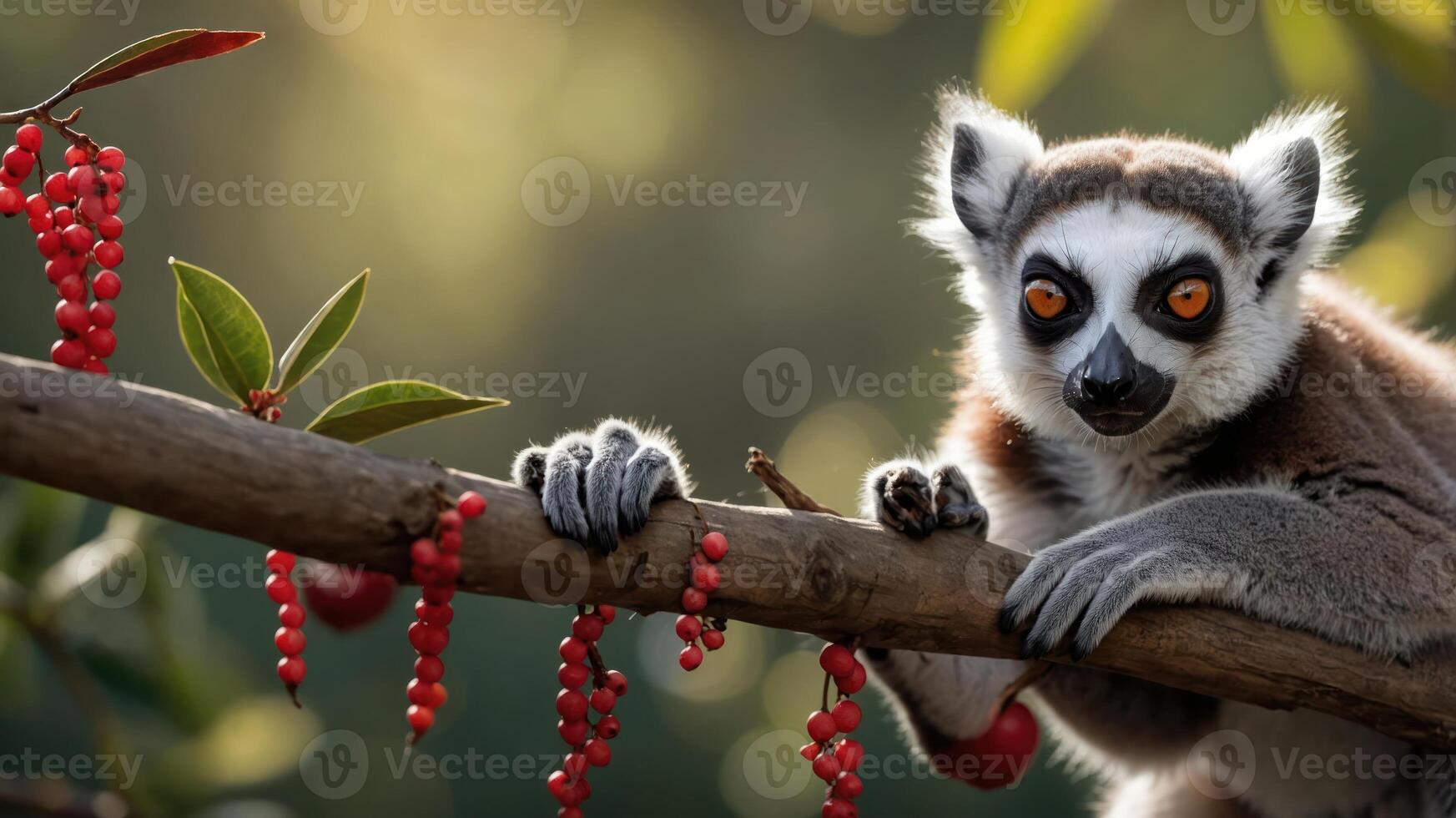 A close-up of a lemur perched on a branch with red berries in a natural setting. photo