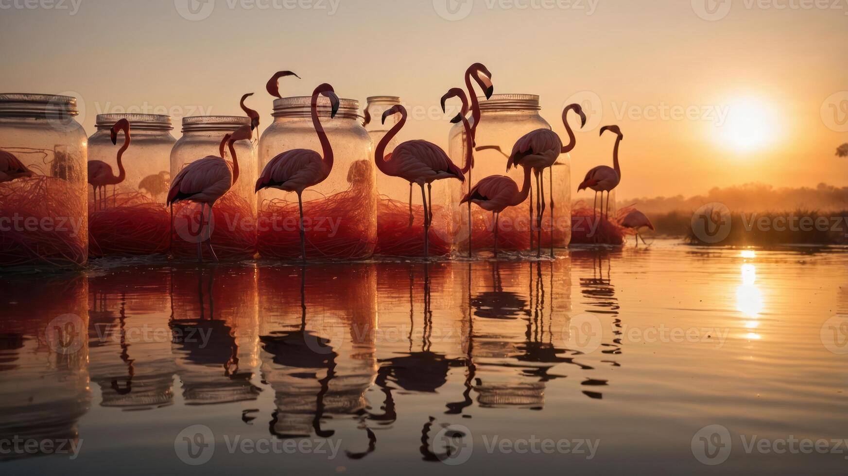 Flamingos in jars reflecting a vibrant sunset over water. photo