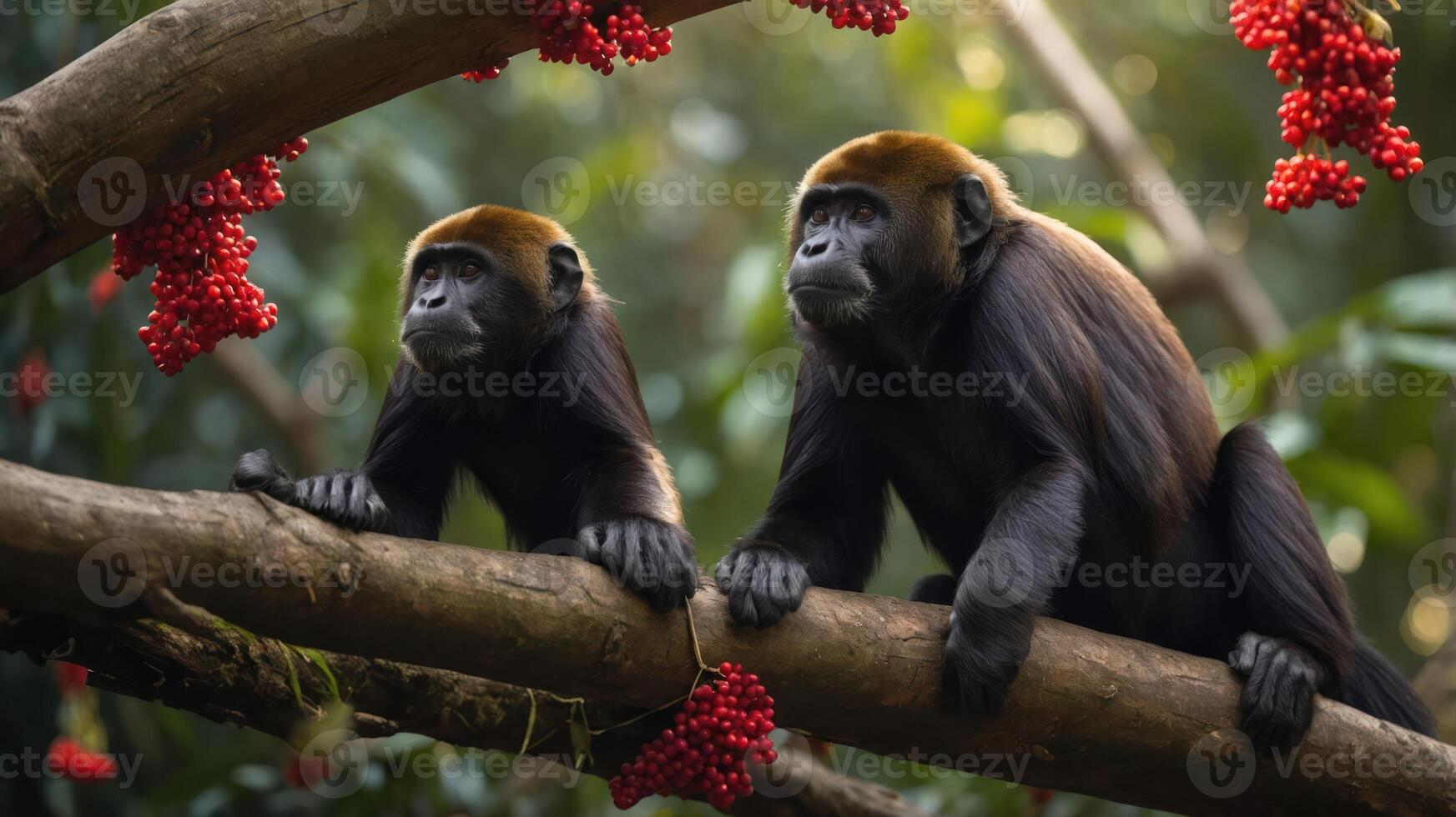 Two howler monkeys perched on a branch surrounded by vibrant red berries in a lush forest. photo