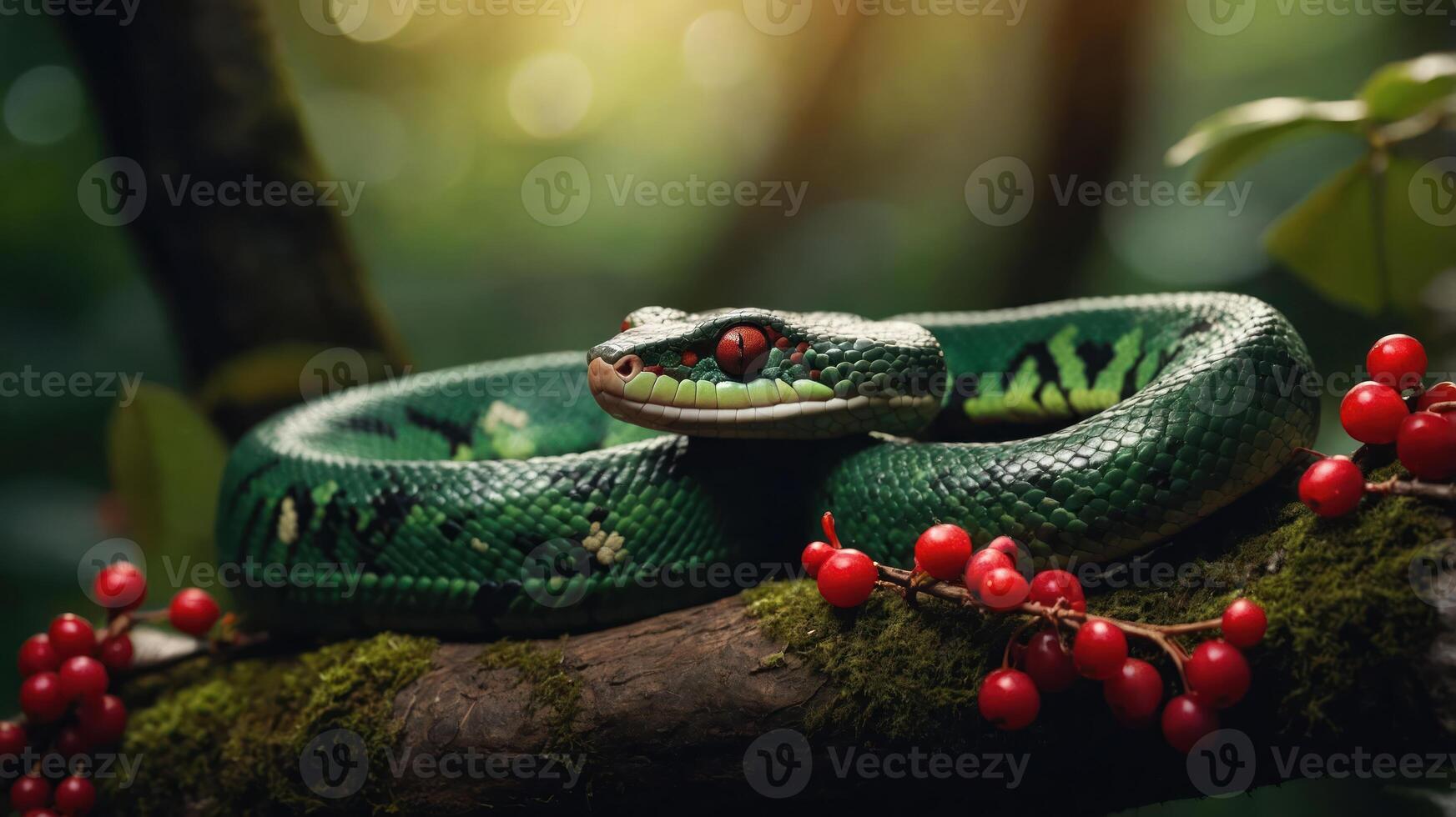 A vibrant green snake rests on a mossy branch adorned with red berries in a lush forest. photo