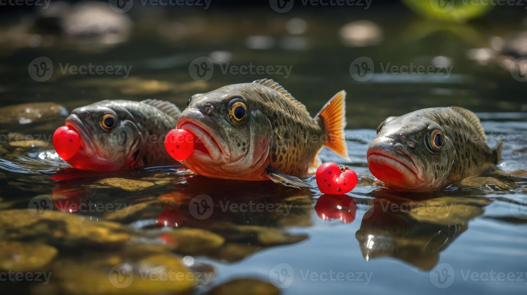 Three fish with red bobbers in their mouths swimming in a clear pond. photo