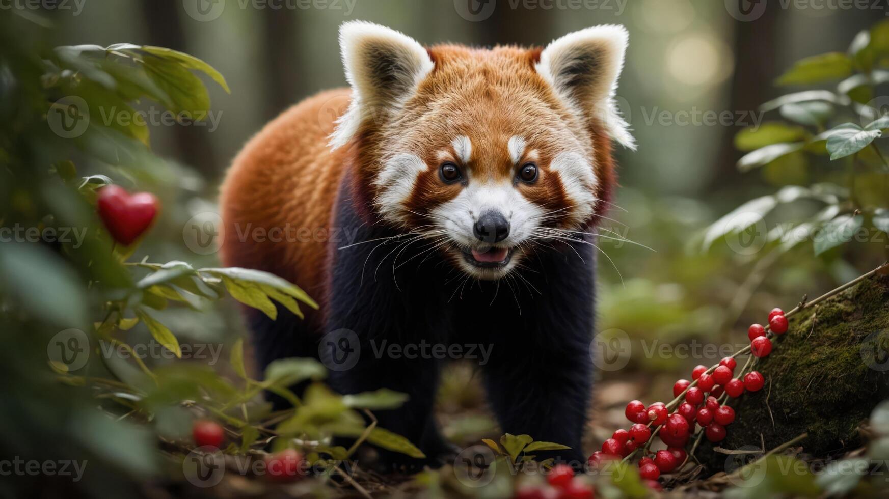 A red panda standing among foliage and berries in a forest setting. photo