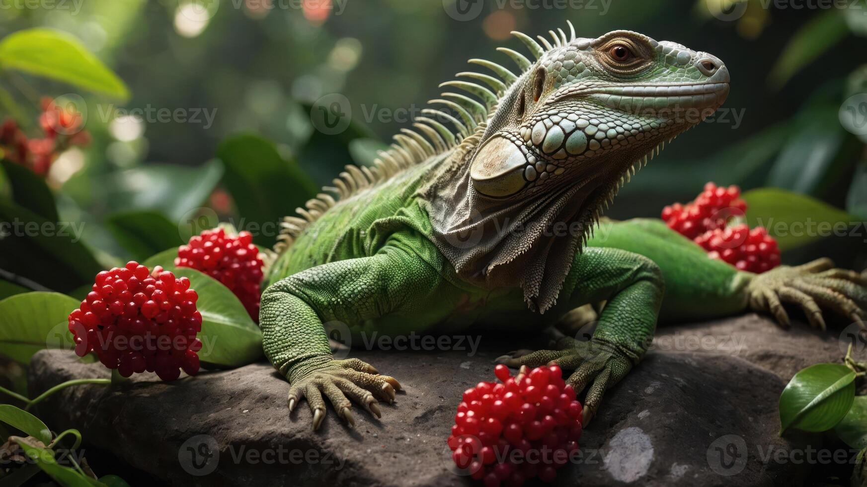 A green iguana resting on a rock surrounded by red berries in a lush environment. photo