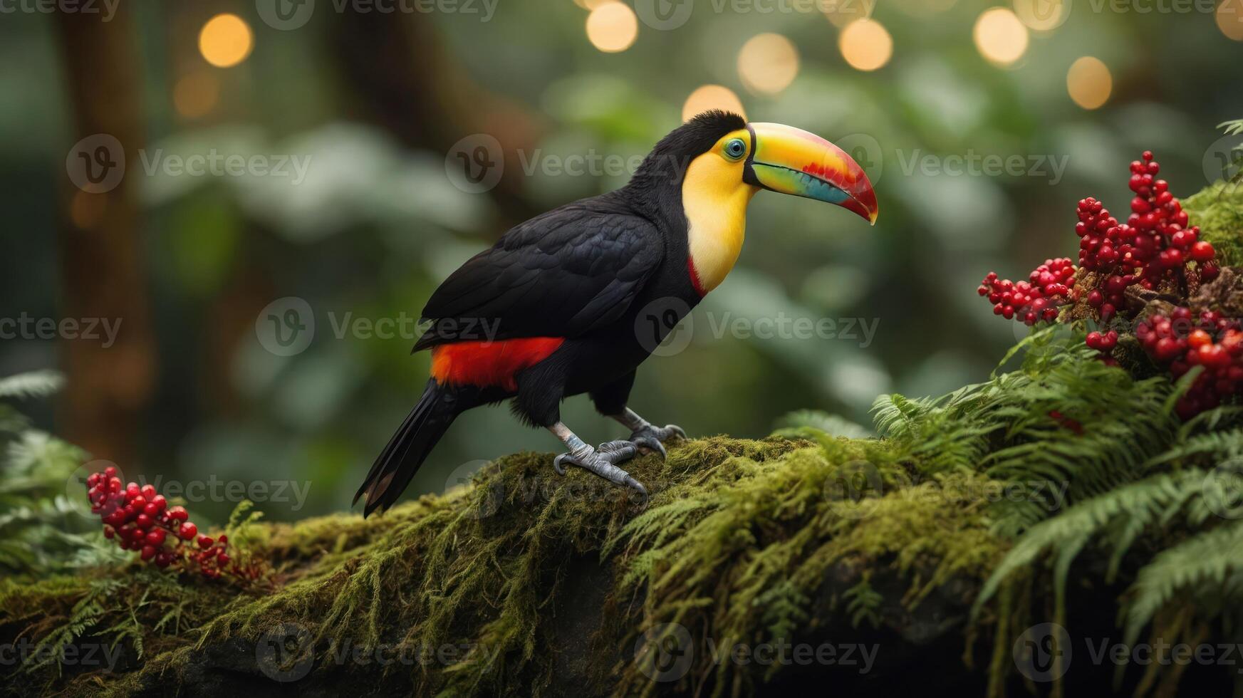 A vibrant toucan perched on mossy terrain with red berries in a lush, green environment. photo