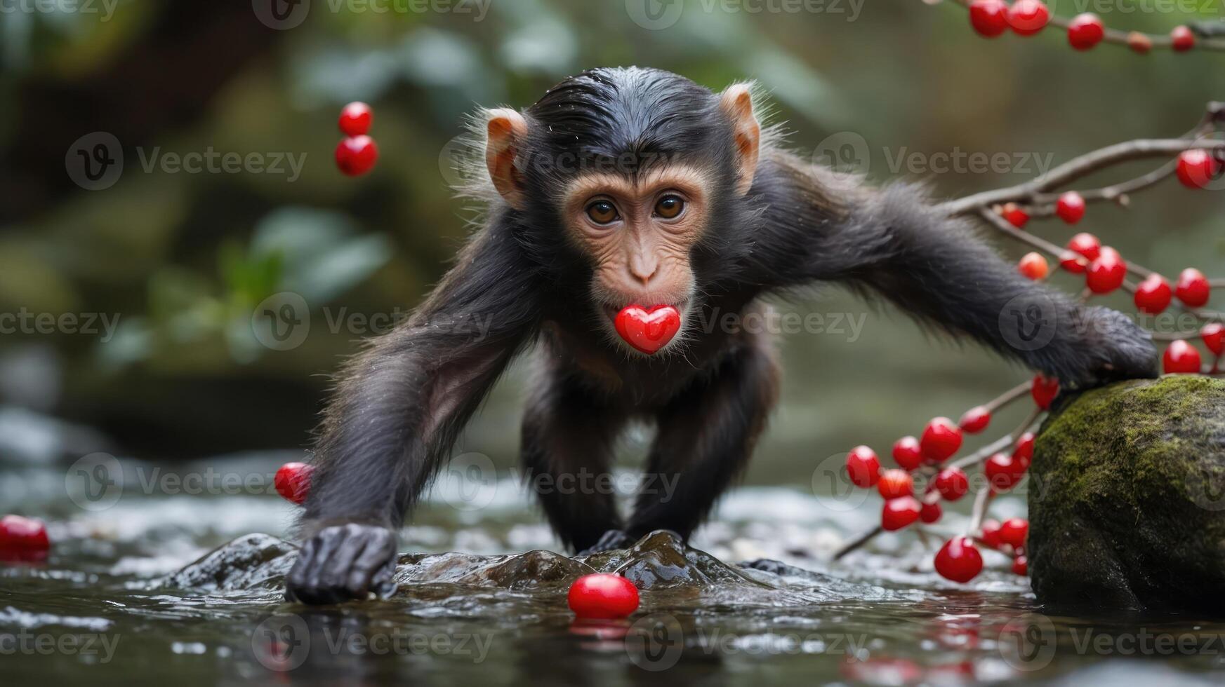 A playful monkey with a heart-shaped object in its mouth, surrounded by berries in a stream. photo
