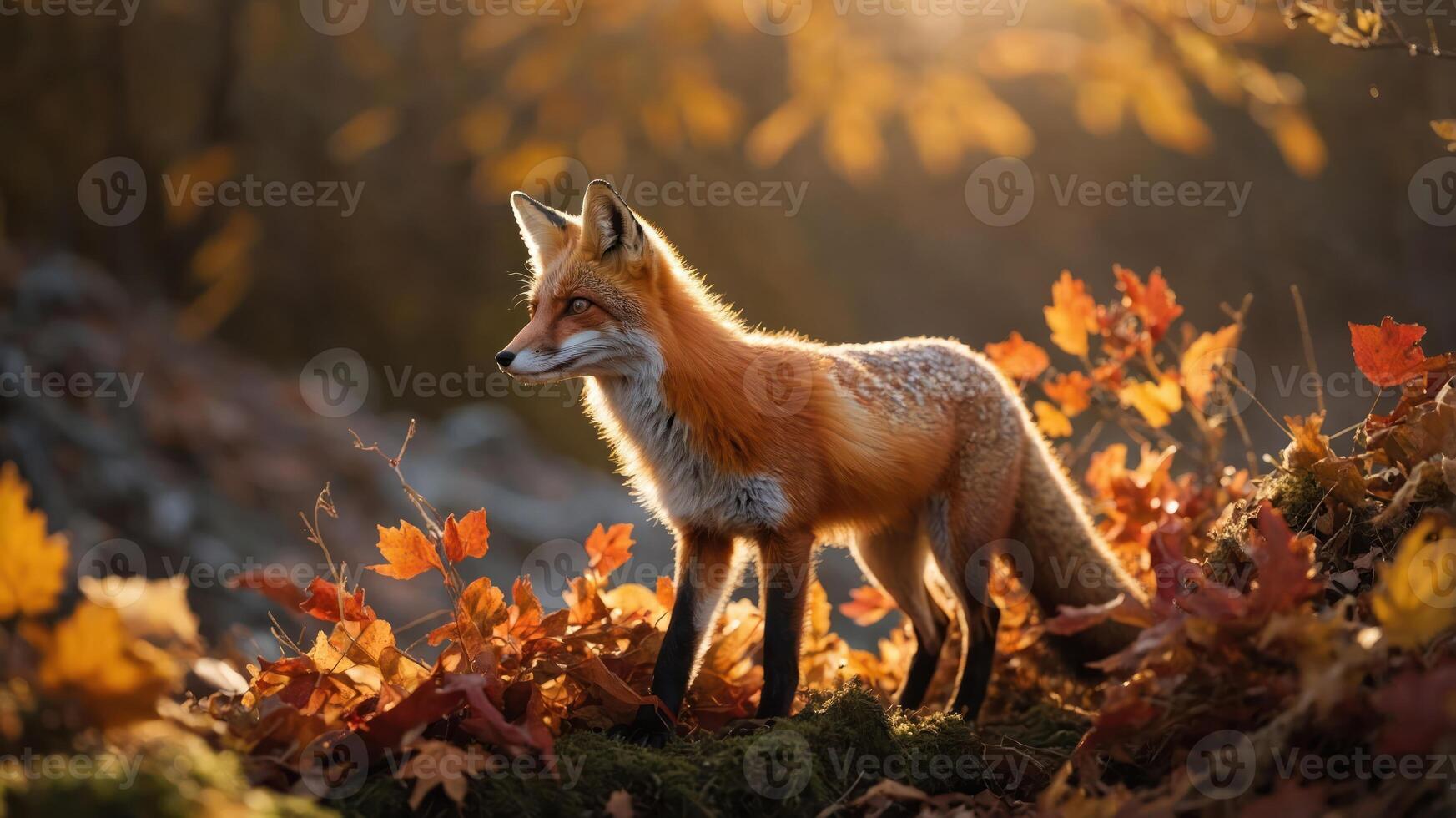 A fox stands amidst vibrant autumn leaves in a serene forest setting. photo