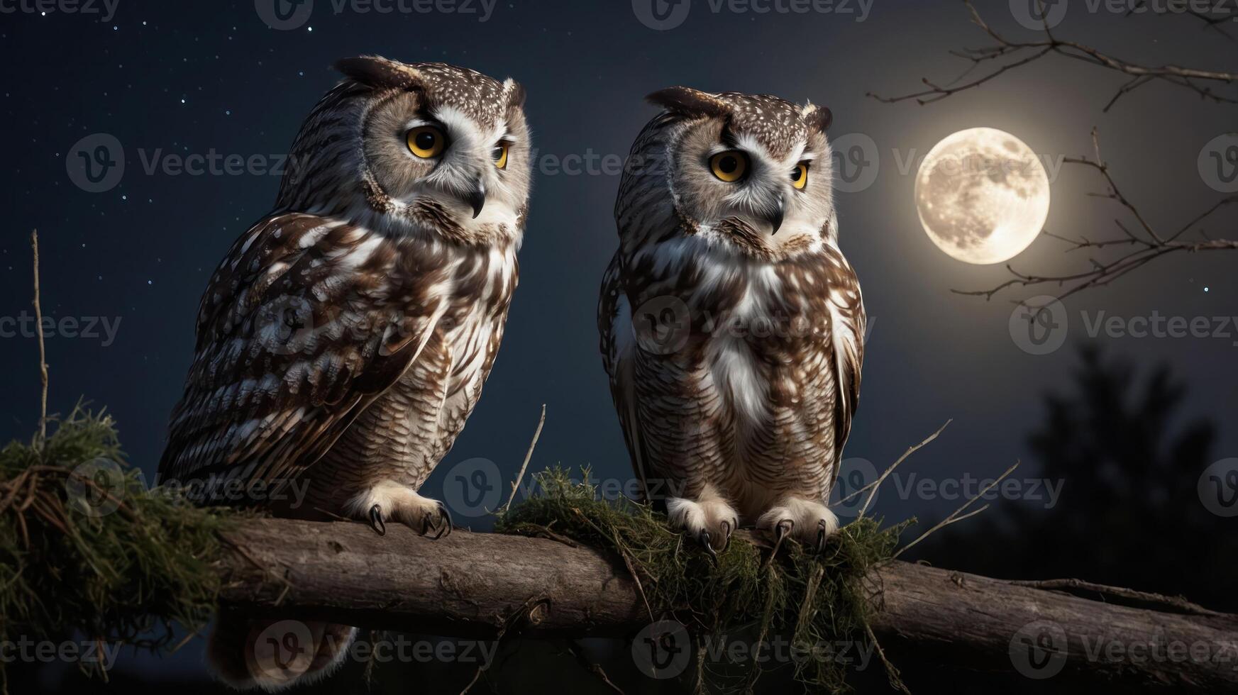 Two owls perched on a branch under a full moon, surrounded by a starry night sky. photo