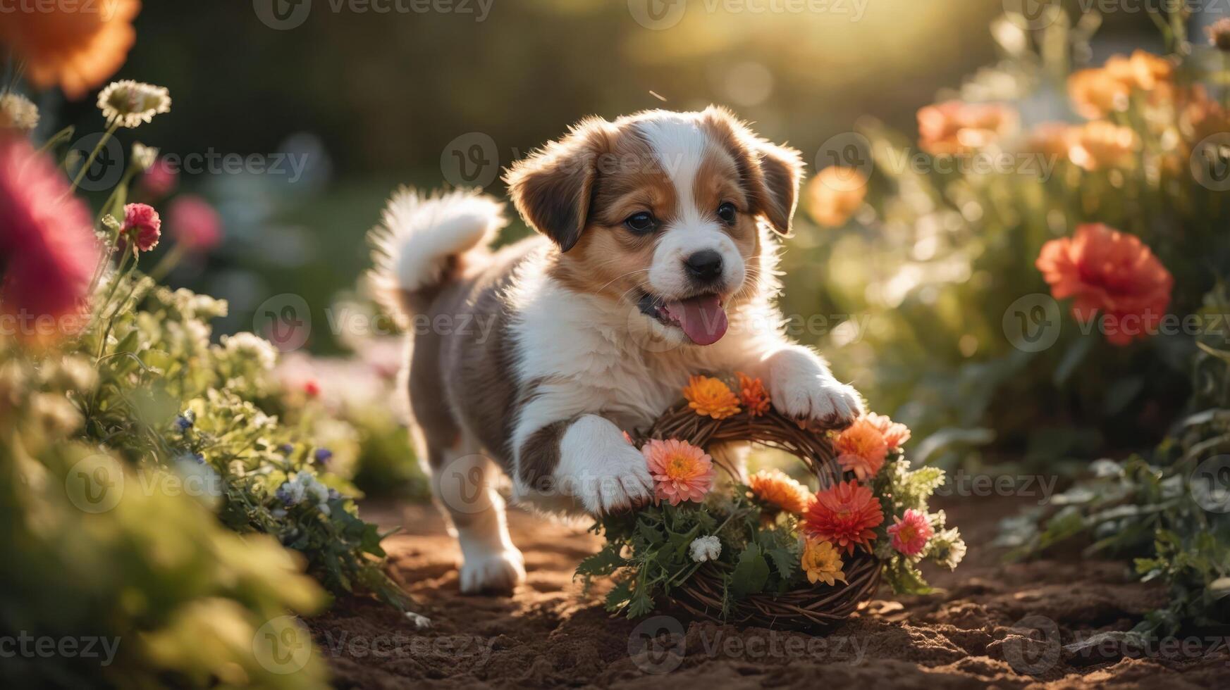 A playful puppy carrying a floral wreath in a vibrant garden. photo