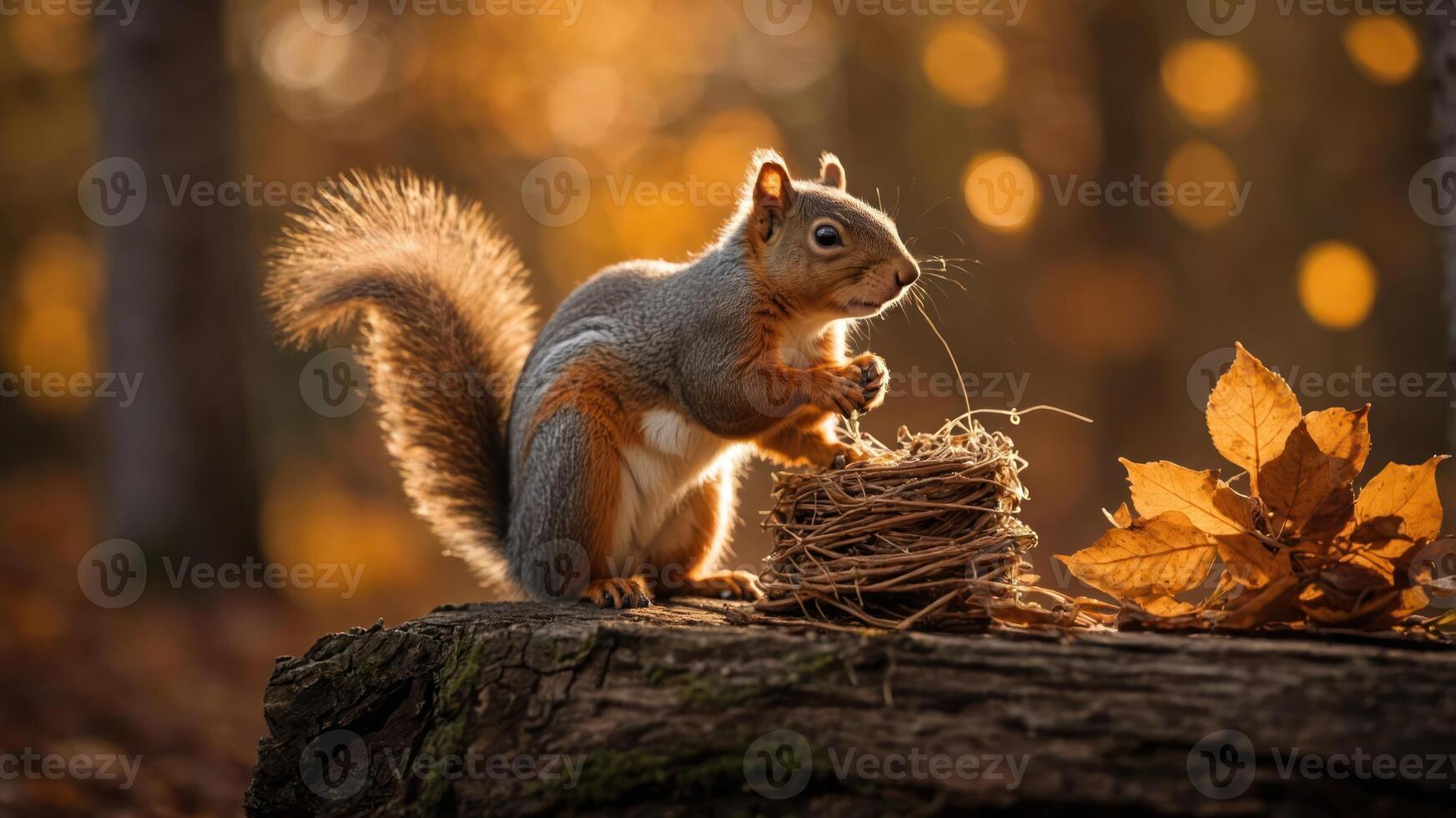 A squirrel gathering twigs for its nest in a serene, autumnal forest setting. photo