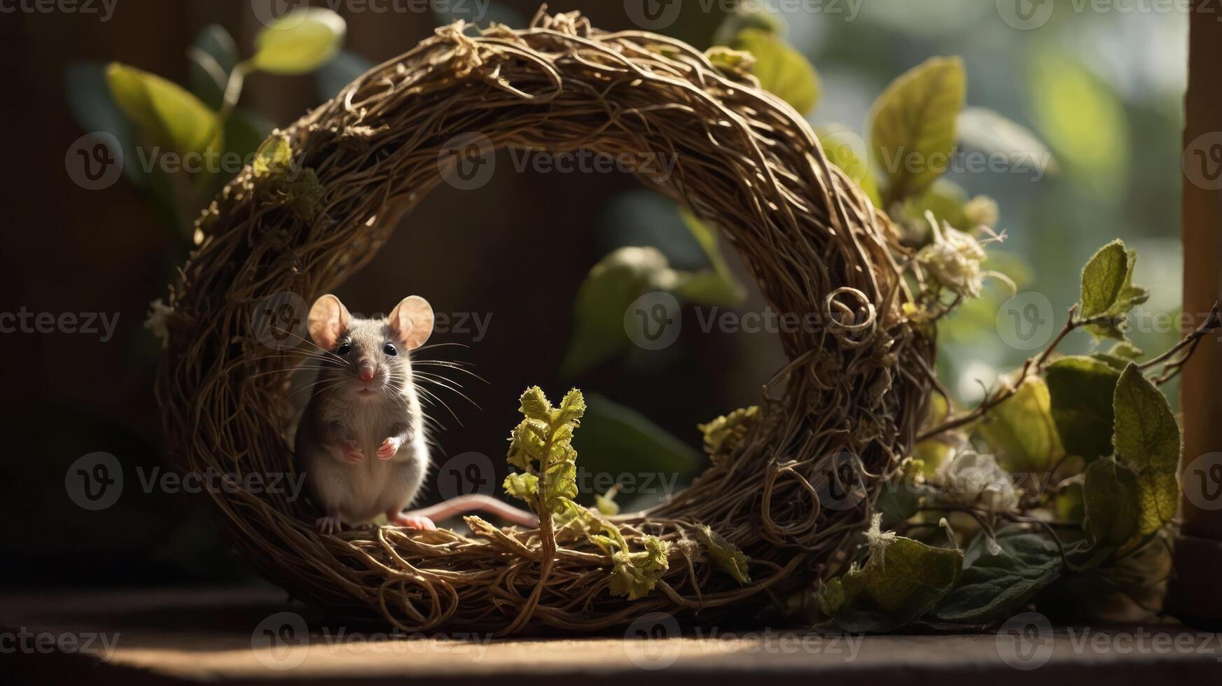 A small mouse sits inside a circular nest made of twigs, surrounded by greenery and sunlight. photo