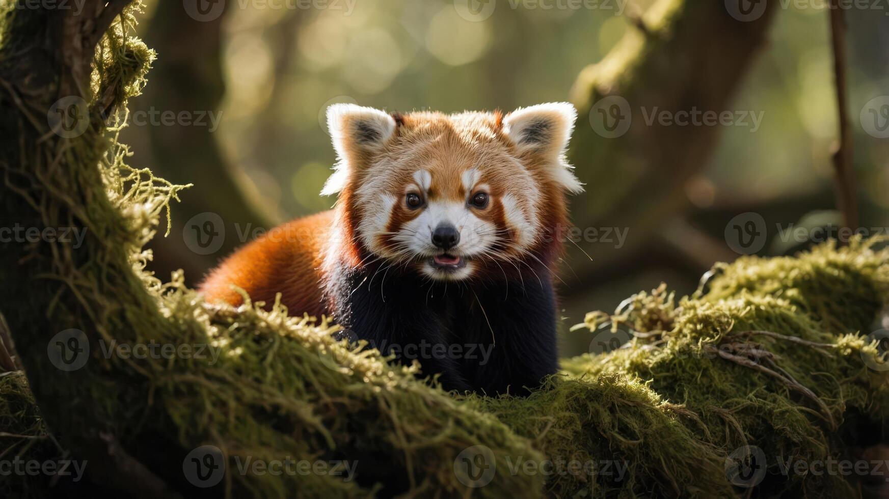 A red panda resting on a moss-covered branch in a forest setting. photo