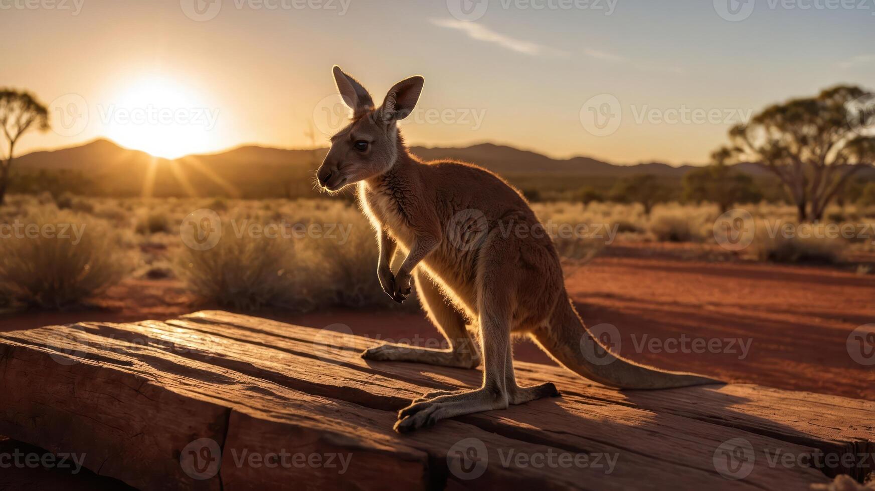 A kangaroo stands on a wooden platform at sunset in a desert landscape. photo