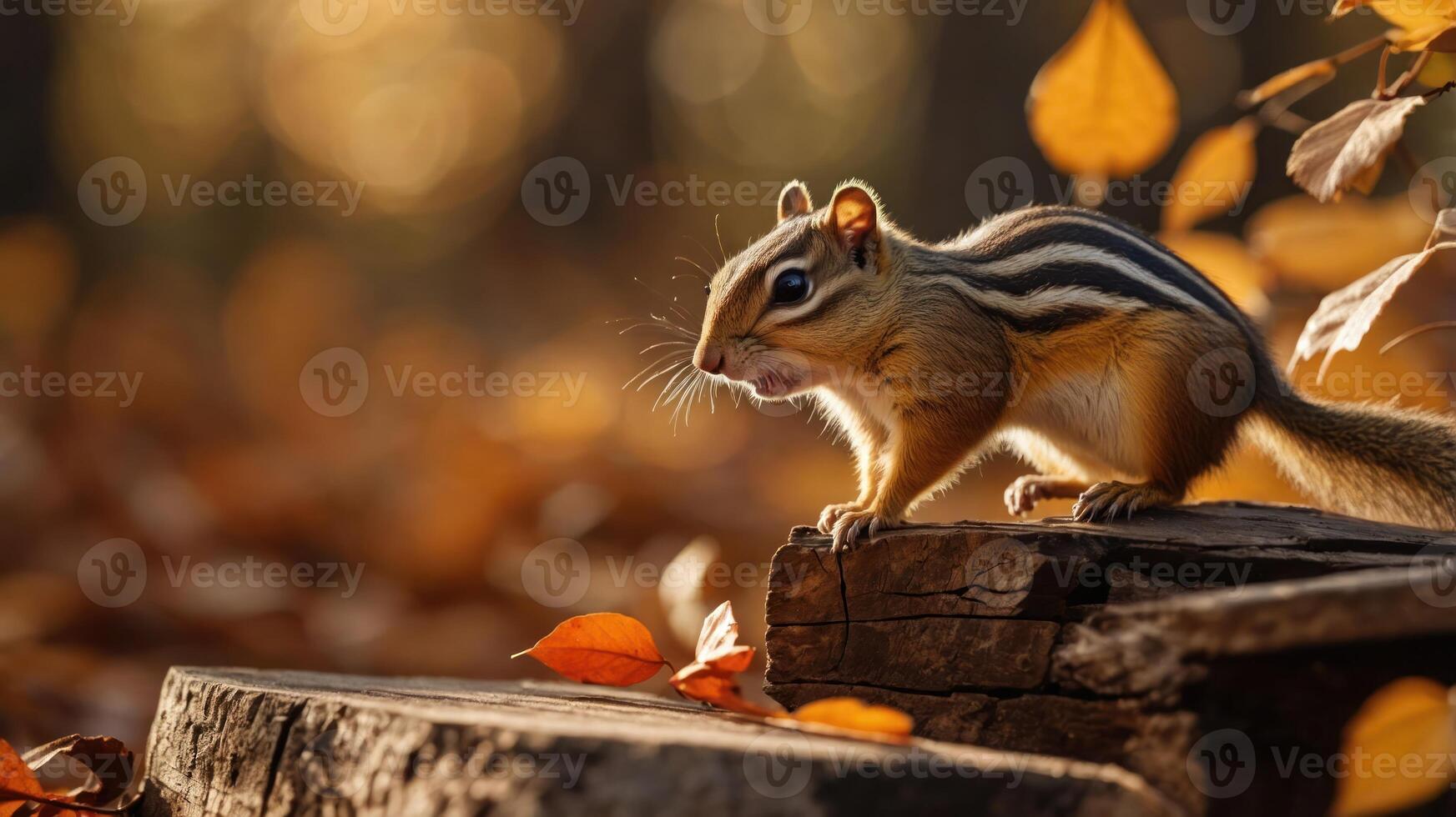 A chipmunk perched on a log amidst autumn leaves, capturing nature's beauty. photo