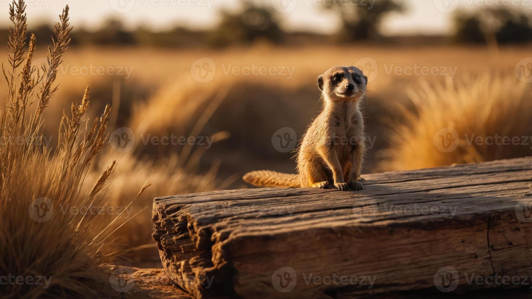A meerkat perched on a log in a golden grassland at sunset. photo