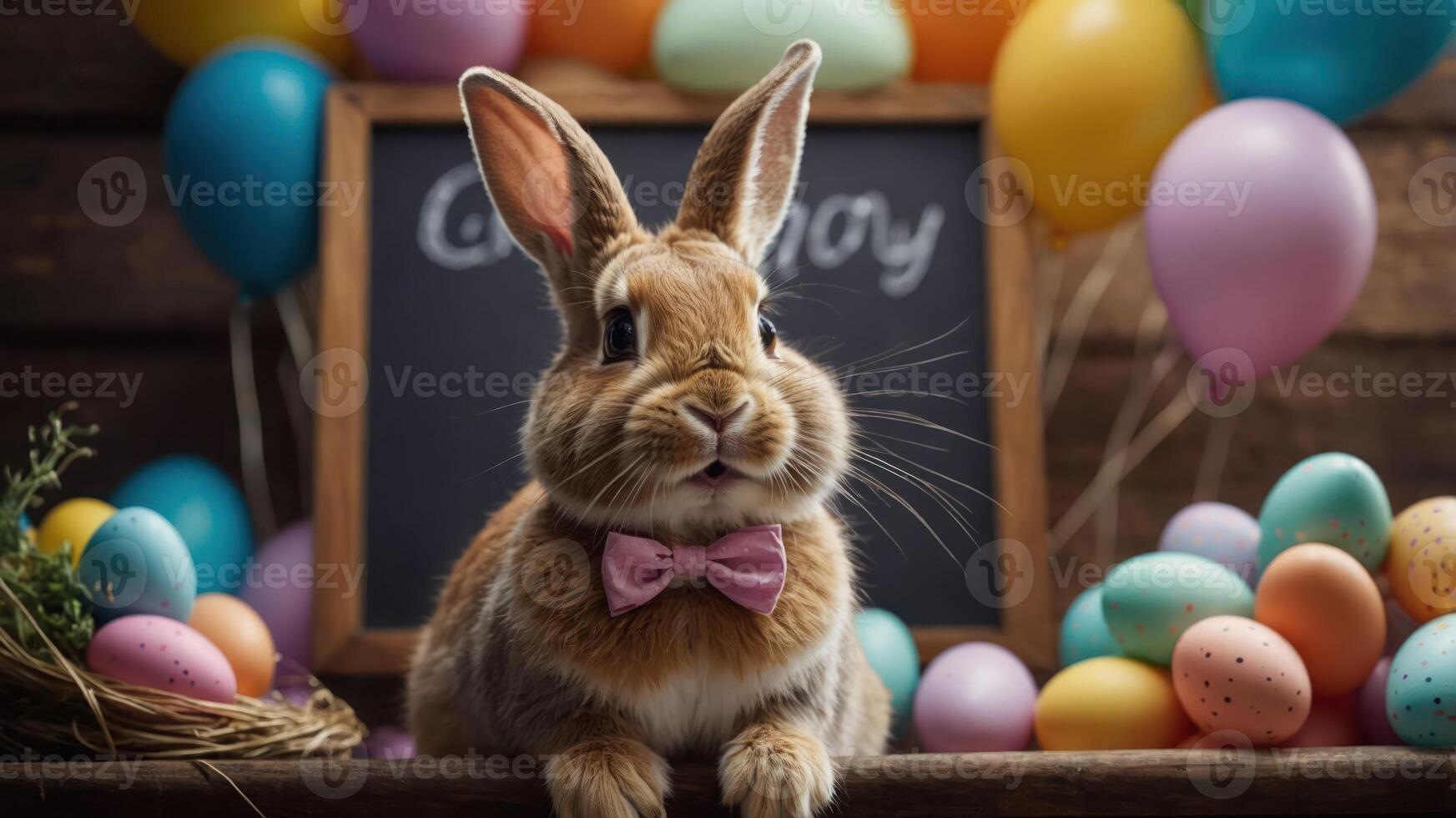 A cute rabbit with a bow tie surrounded by colorful Easter eggs and decorations. photo