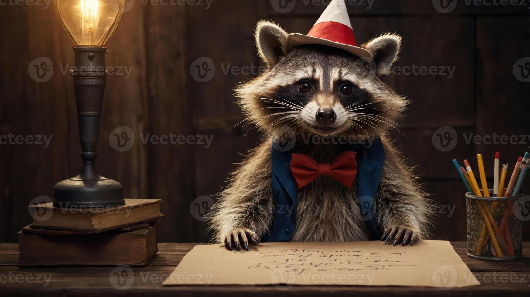A raccoon in a suit and bowtie sits at a desk with a lamp, looking at a sheet of paper. photo