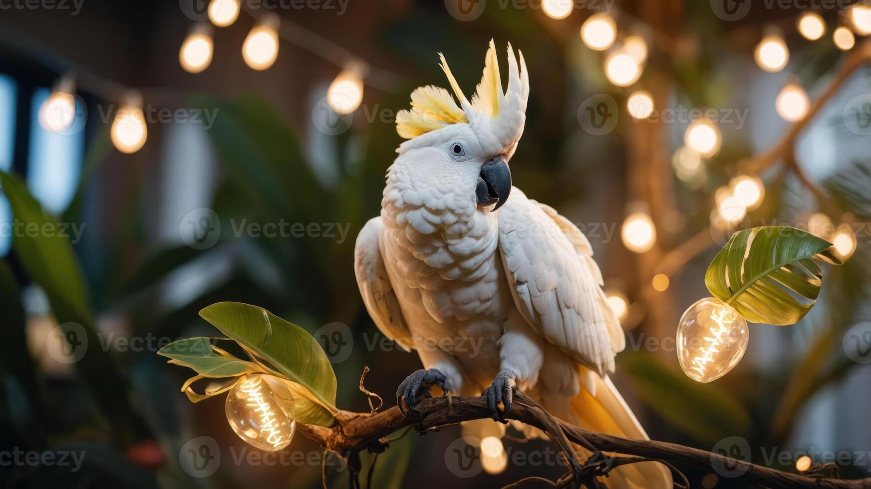 A white cockatoo perched on a branch surrounded by warm string lights and greenery. photo