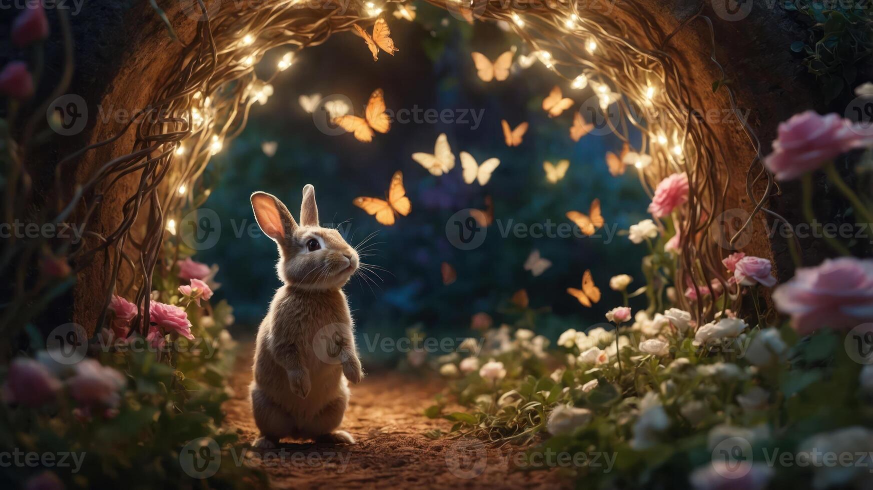 A serene rabbit stands in a magical tunnel adorned with butterflies and blooming flowers. photo