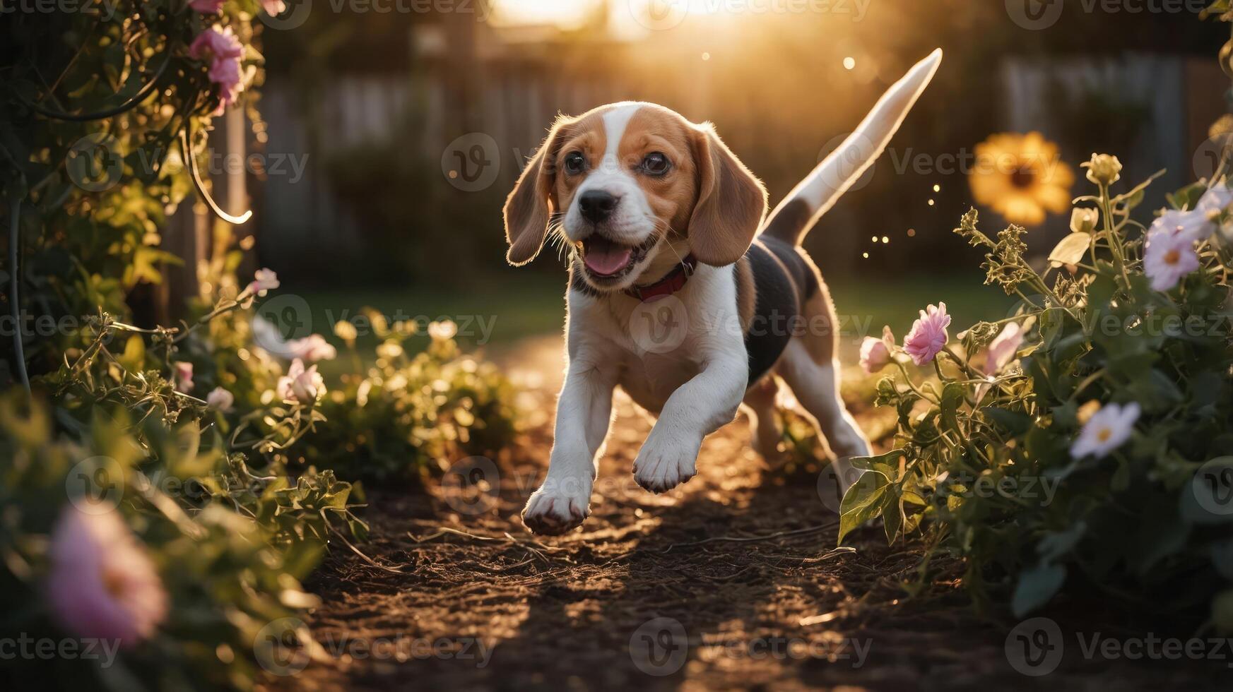 A playful beagle puppy running joyfully through a flower garden at sunset. photo