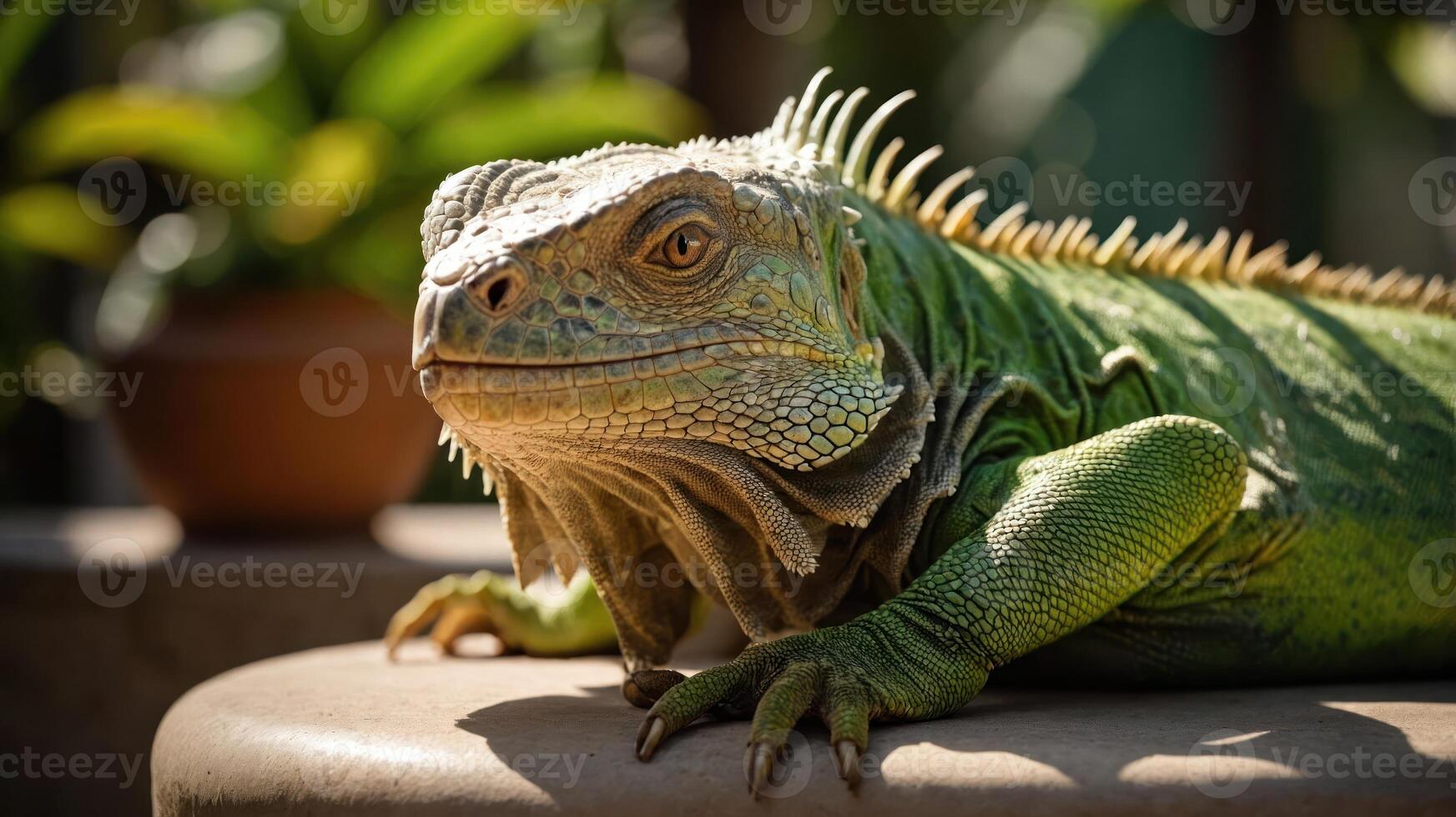 A close-up of a green iguana resting on a surface, showcasing its vibrant scales and features. photo