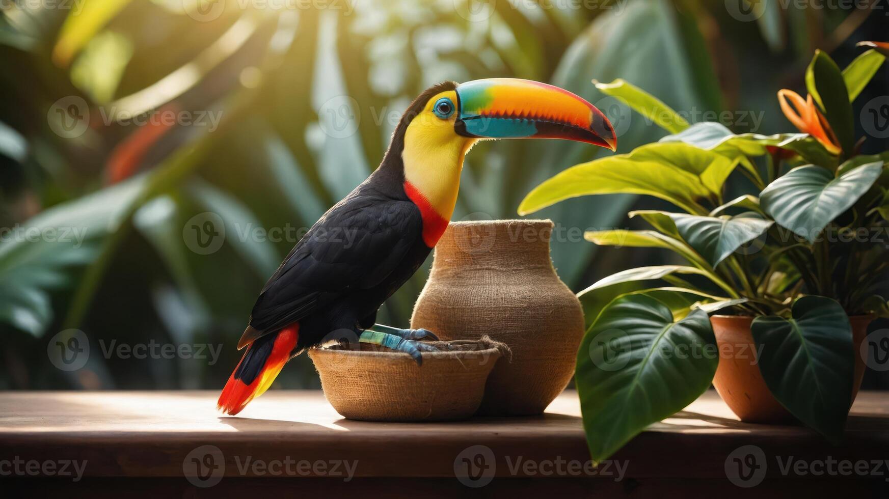 A colorful toucan perched beside decorative pots and lush green plants in a serene setting. photo