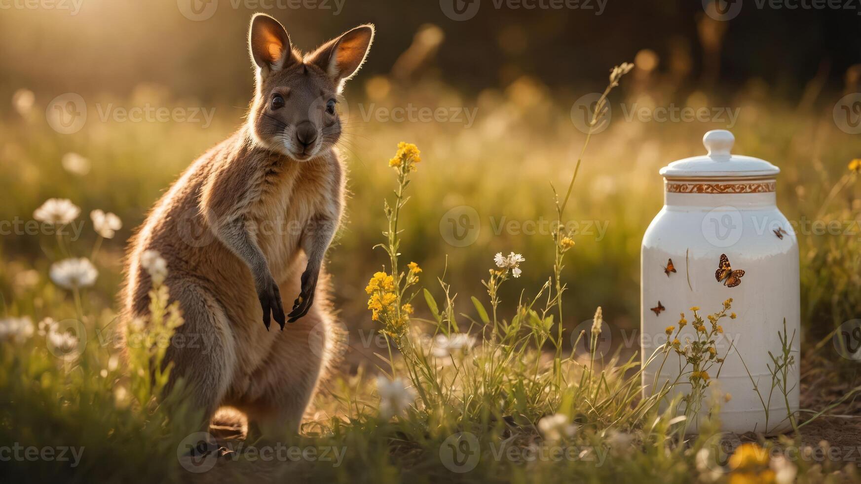 A kangaroo stands beside a decorative jar in a flower-filled field during golden hour. photo