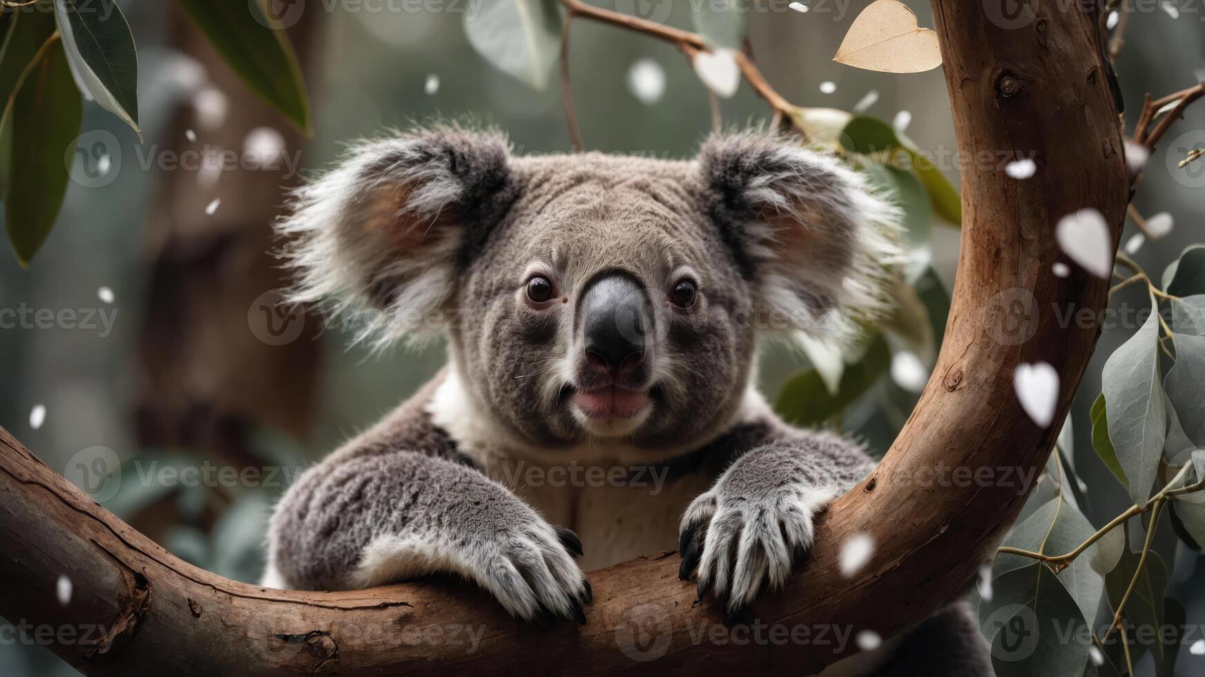 A koala resting on a branch, surrounded by leaves and a serene atmosphere. photo