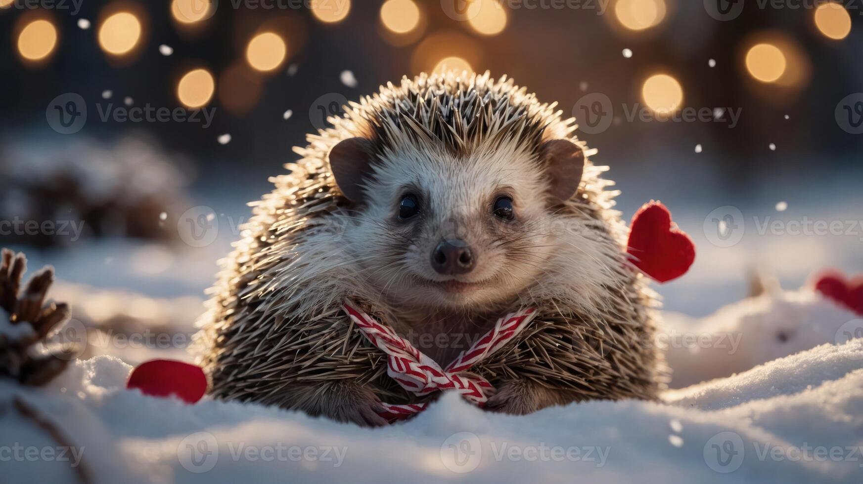 A hedgehog with a candy cane in a snowy setting, surrounded by festive decorations. photo