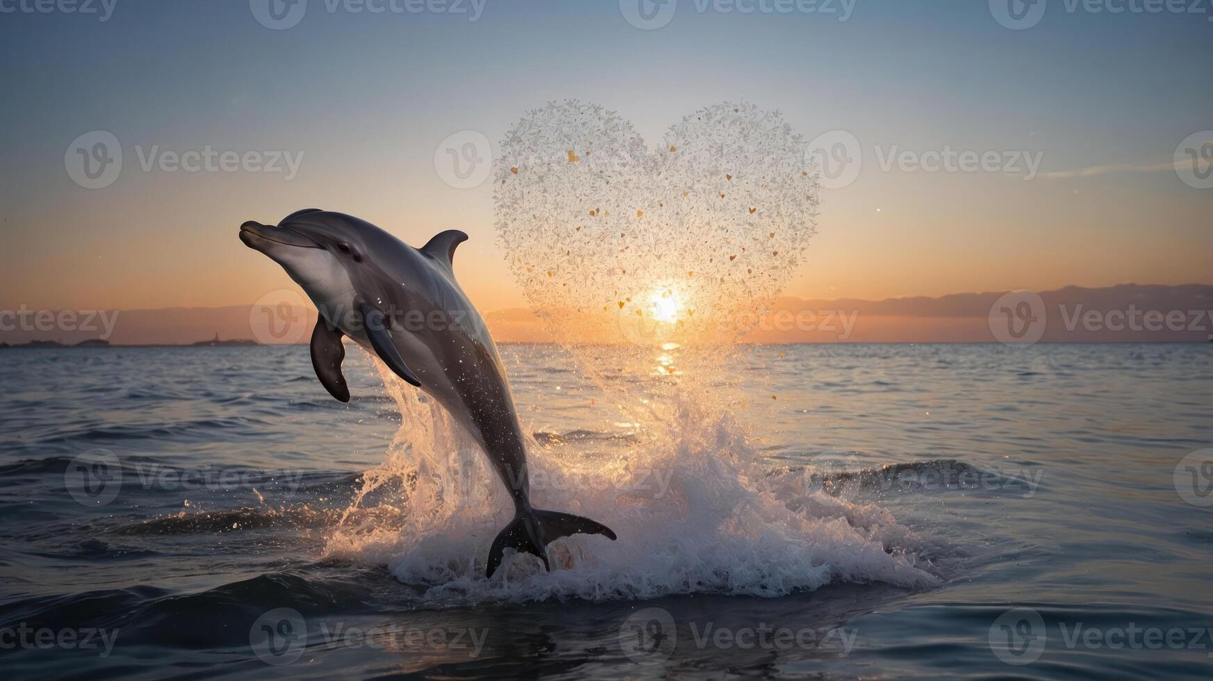 A dolphin leaps from the ocean, creating a heart shape with splashes against a sunset backdrop. photo