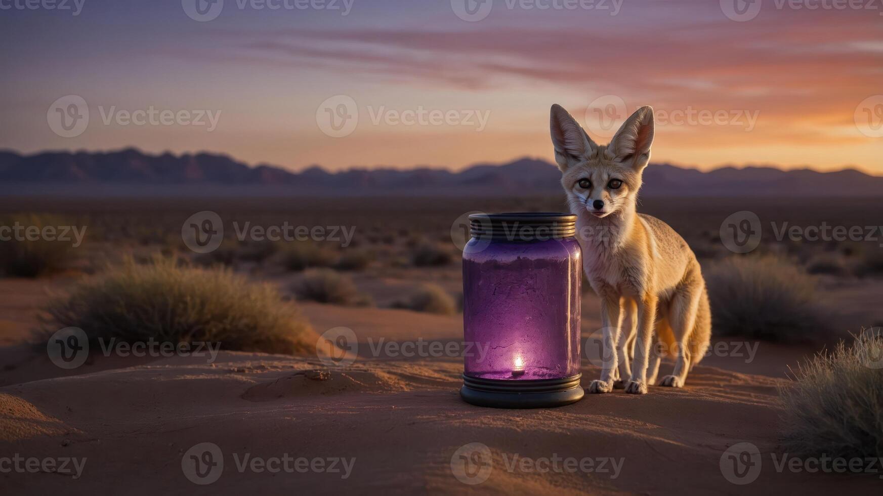 A fennec fox stands beside a glowing jar in a desert landscape at sunset. photo