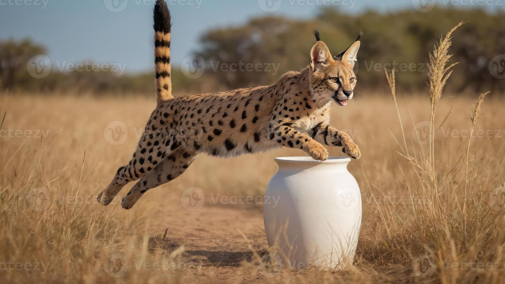 A serval leaps over a white vase in a grassy landscape. photo