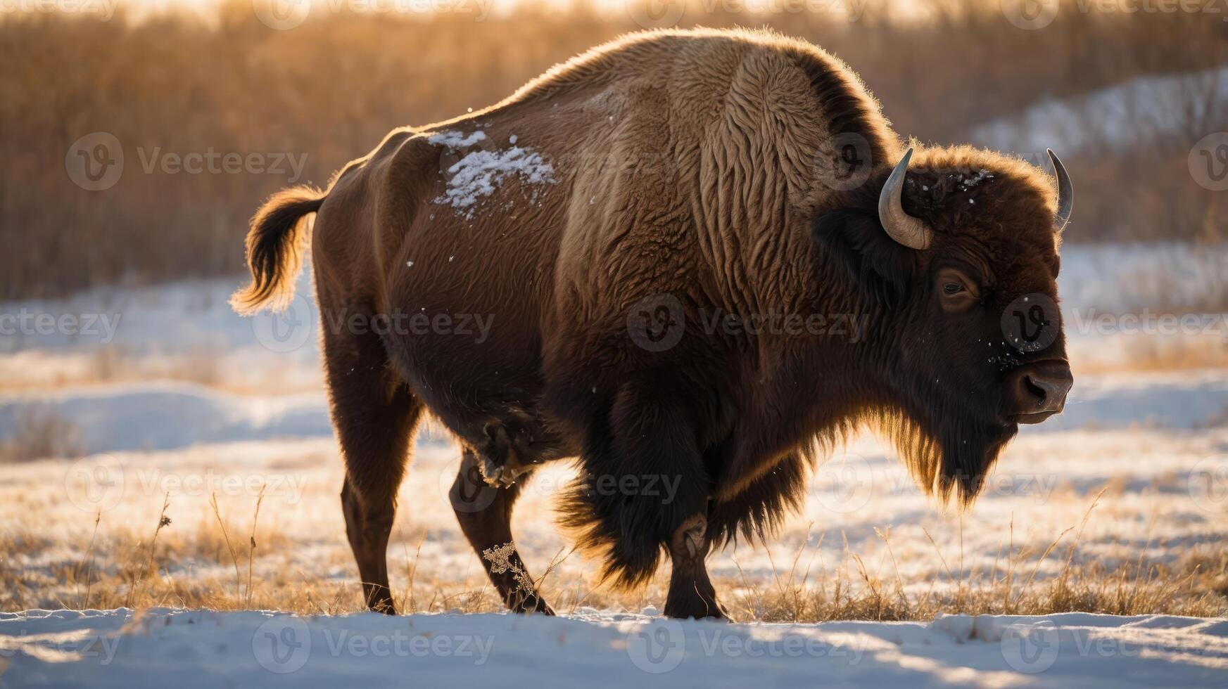A bison walks through a snowy landscape at sunset, highlighting its majestic presence. photo