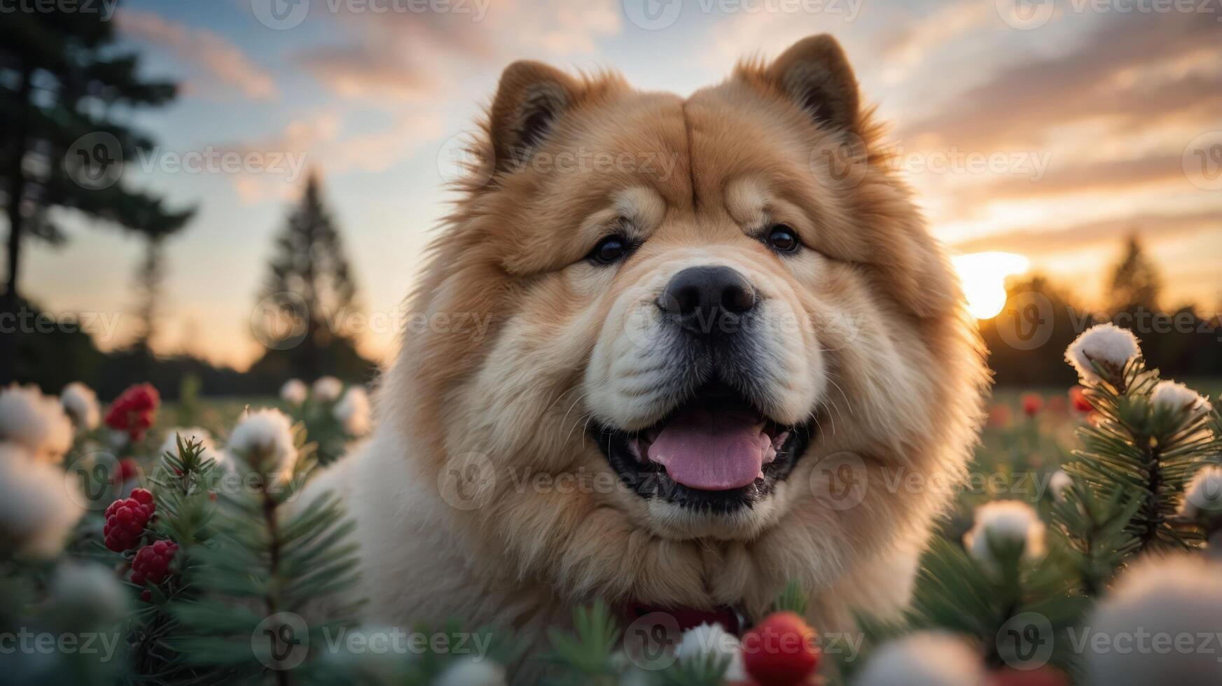 A cheerful dog surrounded by greenery during sunset. photo