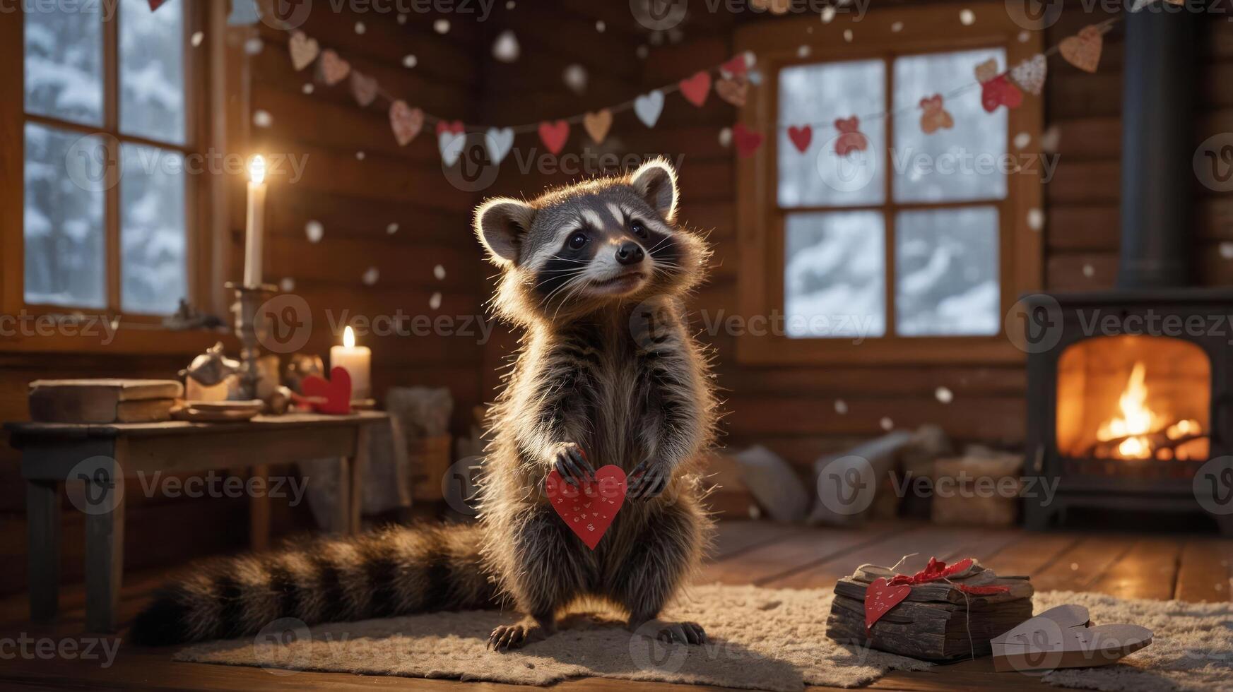 A raccoon holding a heart in a cozy cabin setting, evoking warmth and affection. photo