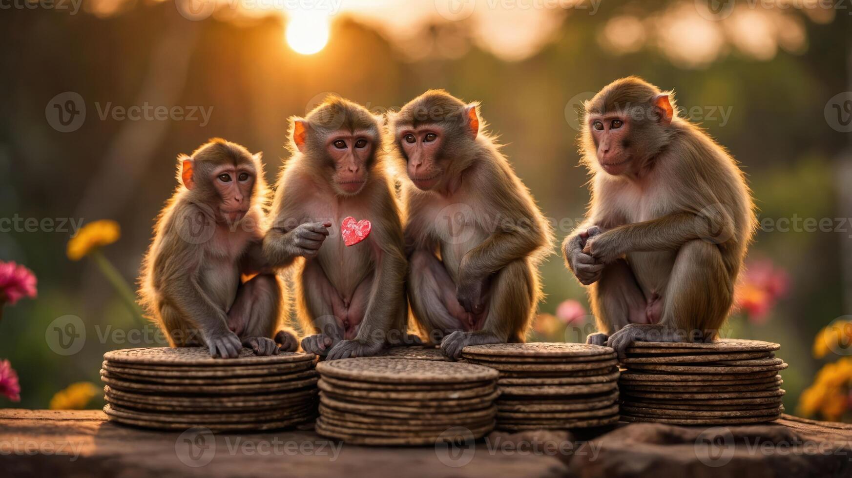 Four monkeys sitting on stacks of round objects, with a sunset backdrop and one holding a heart. photo