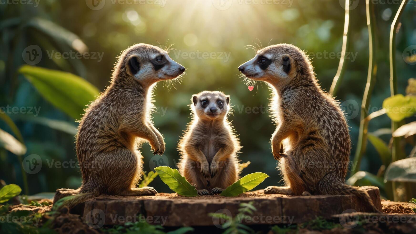Three meerkats interacting in a lush, sunlit environment. photo