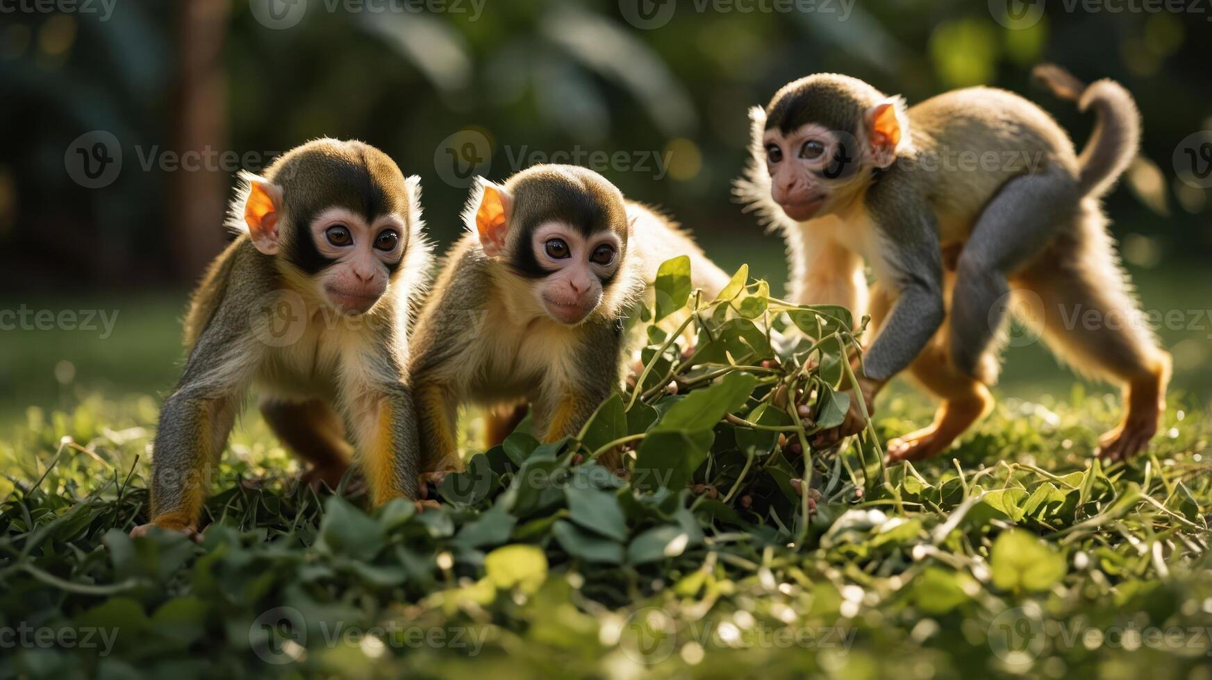 Three playful monkeys interacting with greenery in a sunlit environment. photo