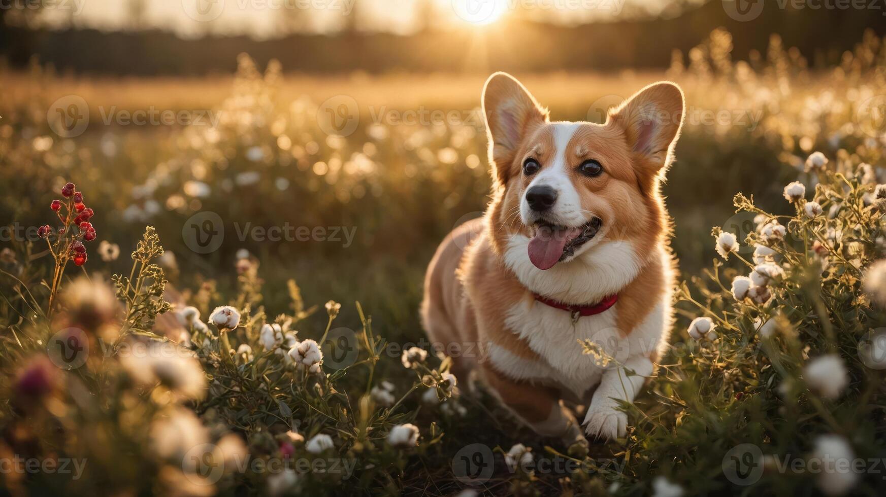 A happy corgi running through a flower-filled field at sunset. photo
