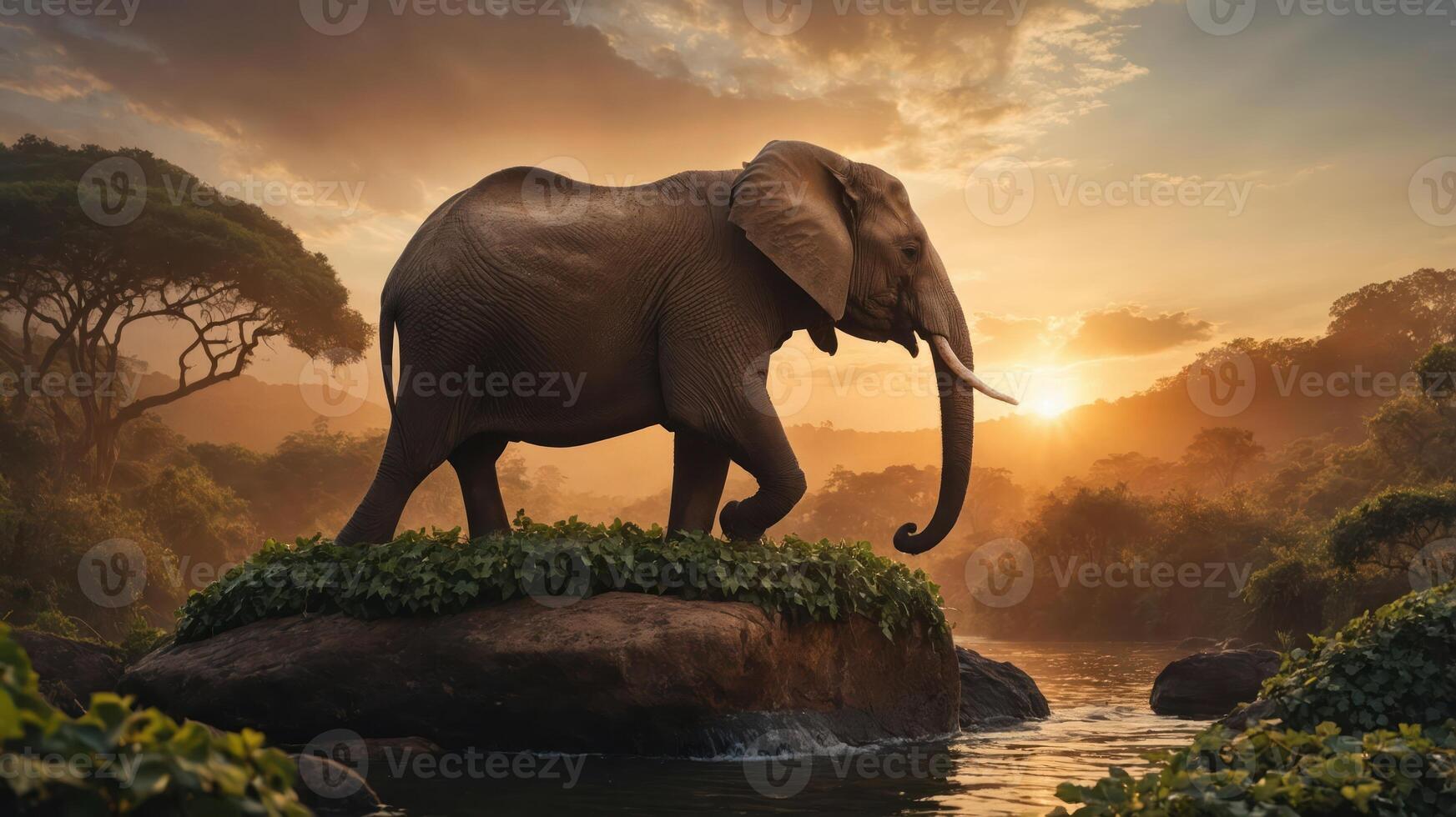 An elephant standing majestically on a rock by a river at sunset, surrounded by lush greenery. photo