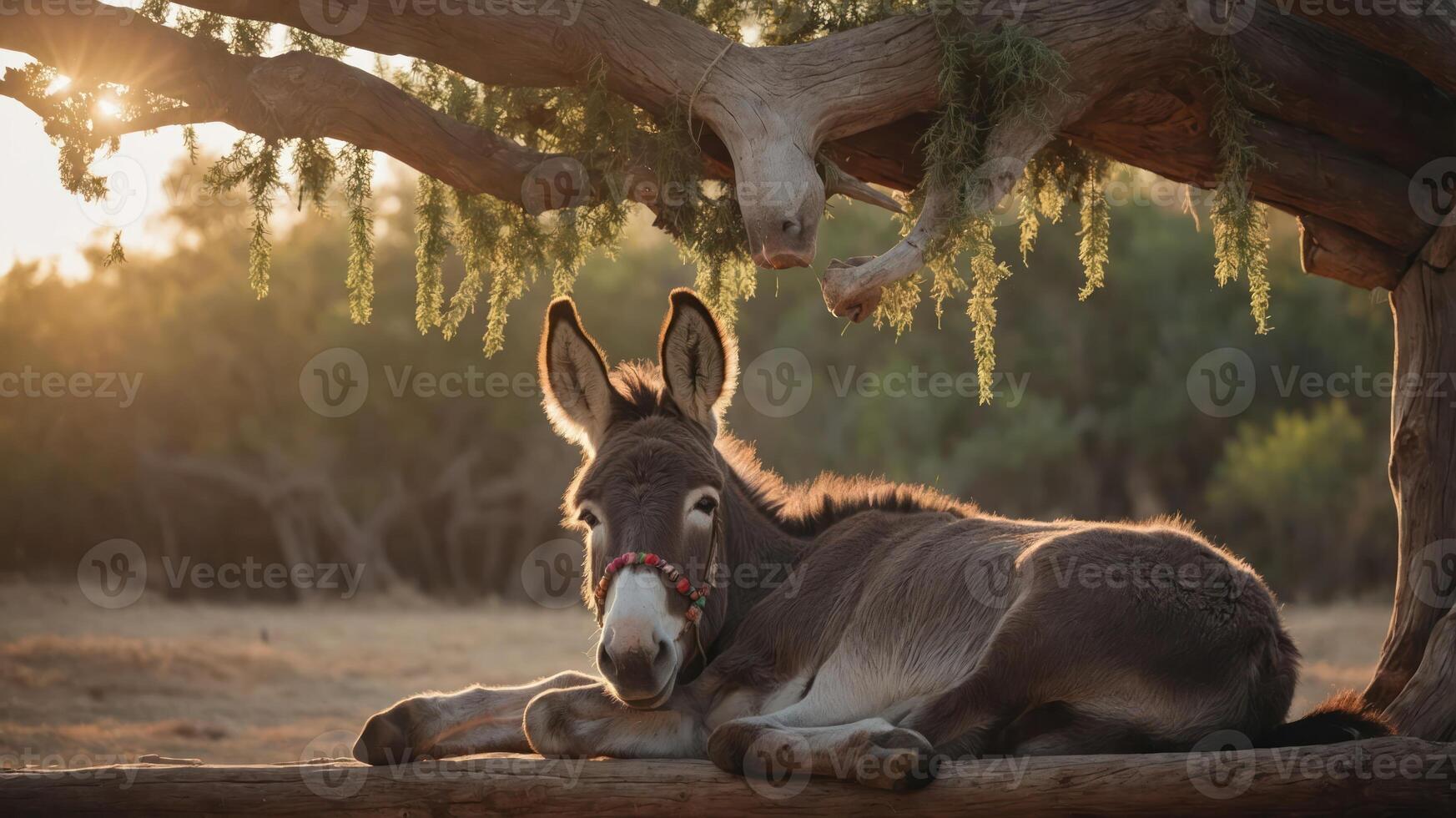 A serene donkey resting under a tree during sunset, creating a peaceful rural atmosphere. photo