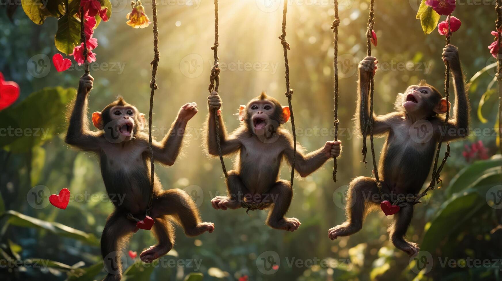 Three playful monkeys swinging on vines in a vibrant jungle setting filled with flowers. photo