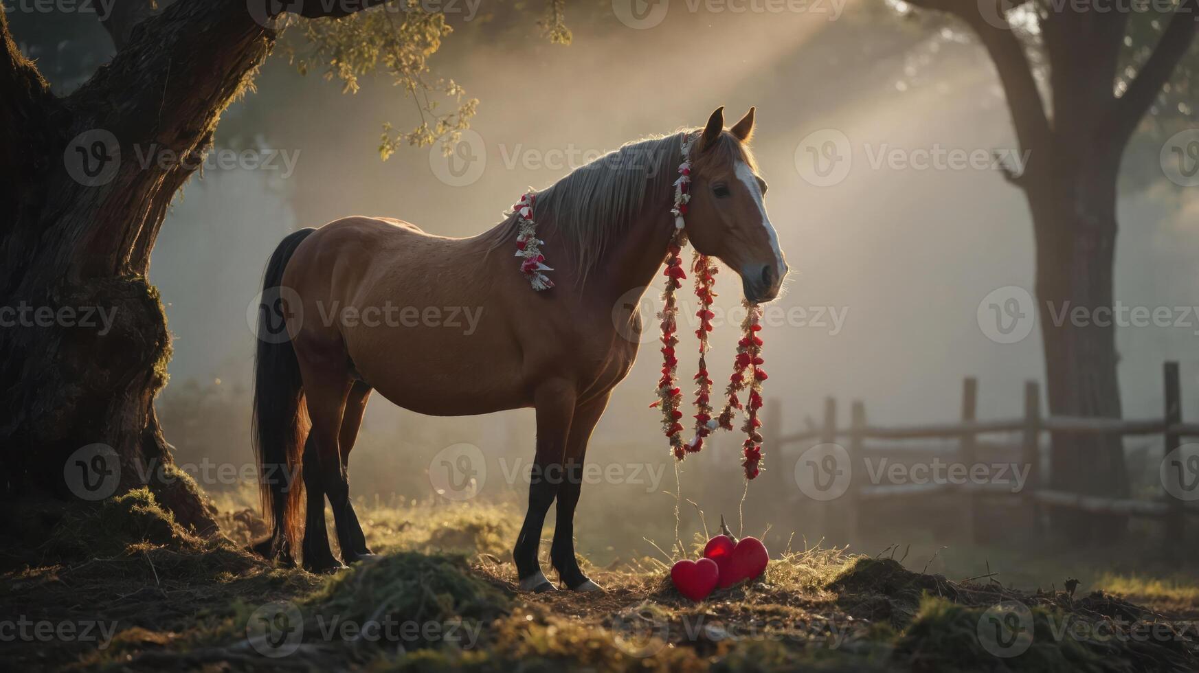 A horse adorned with flowers stands in a misty landscape, creating a serene atmosphere. photo