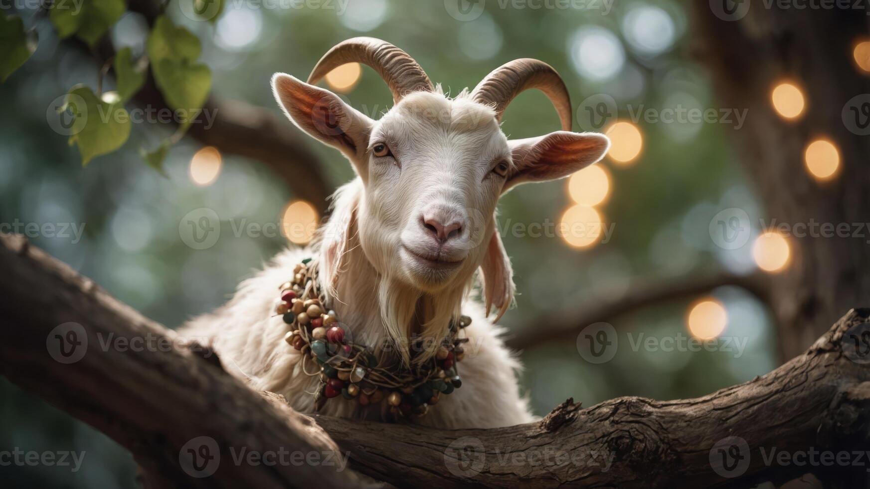 A goat adorned with a bell necklace, perched on a tree branch, surrounded by soft lights. photo