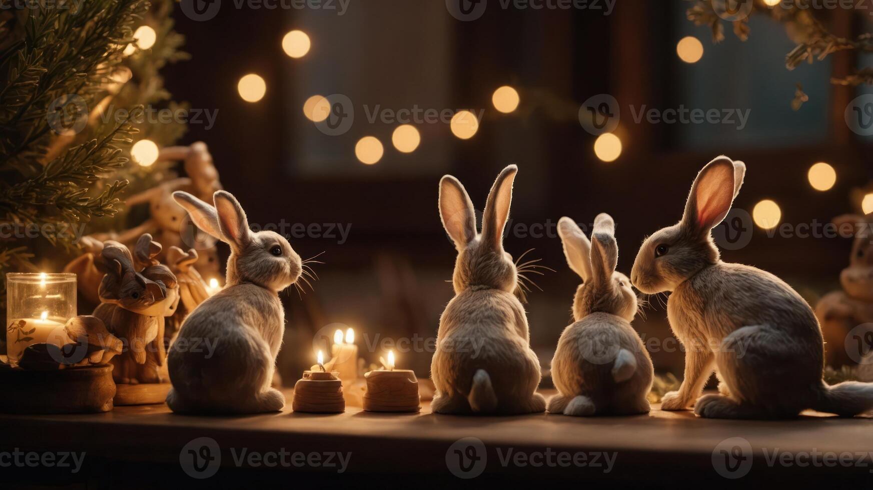 A cozy scene featuring rabbits with candles and soft lighting, evoking a festive atmosphere. photo