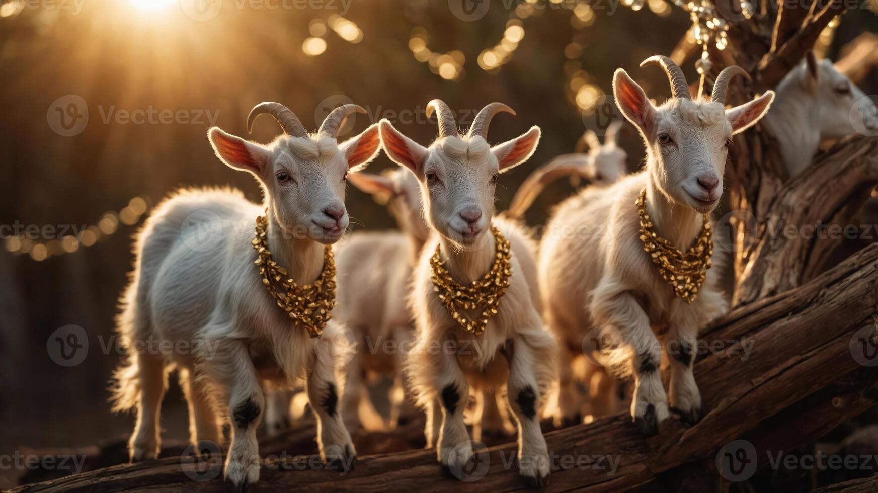 Three goats adorned with golden necklaces, basking in warm sunlight. photo