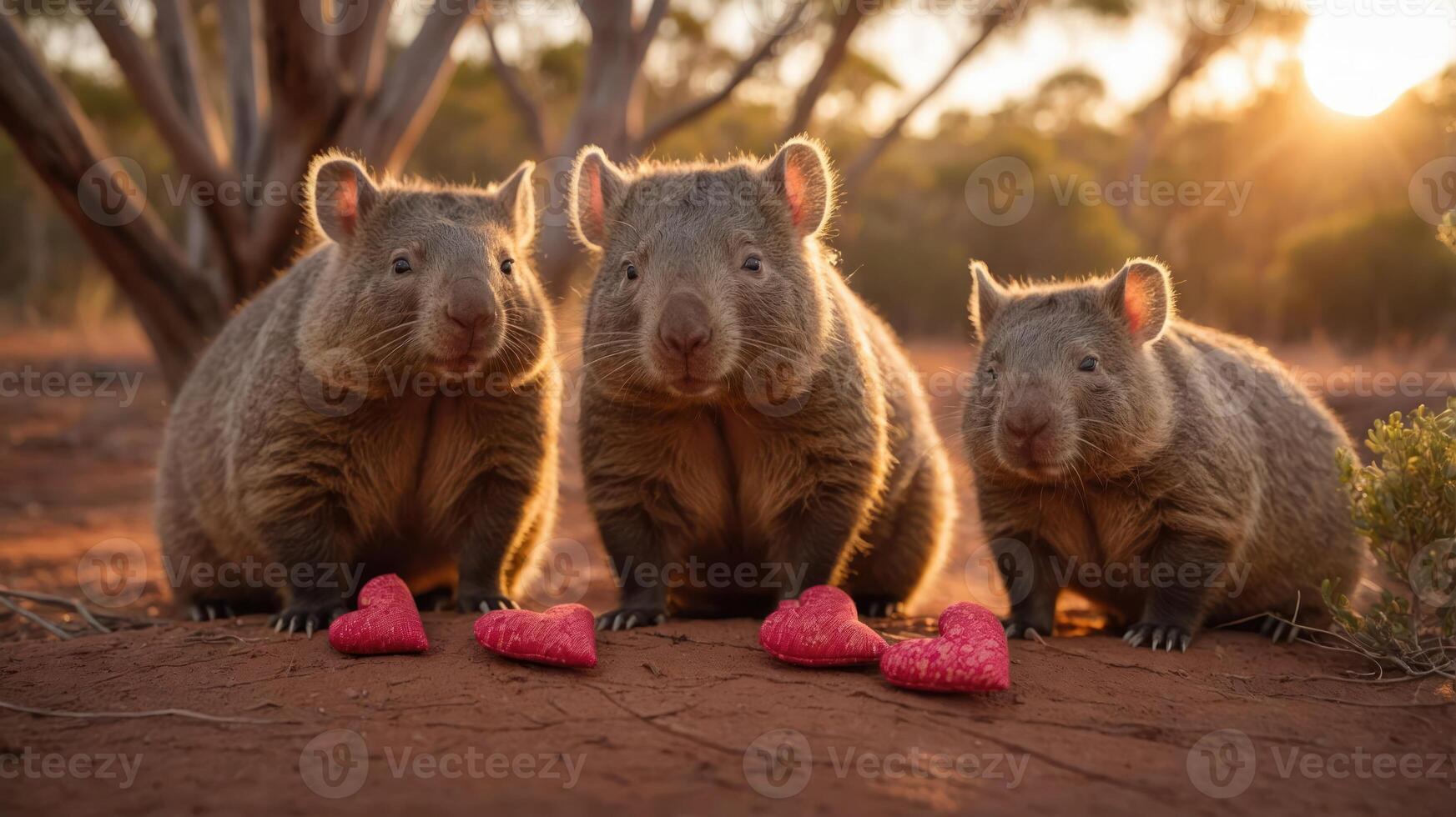 Three wombats sitting together with pink hearts on the ground during sunset. photo