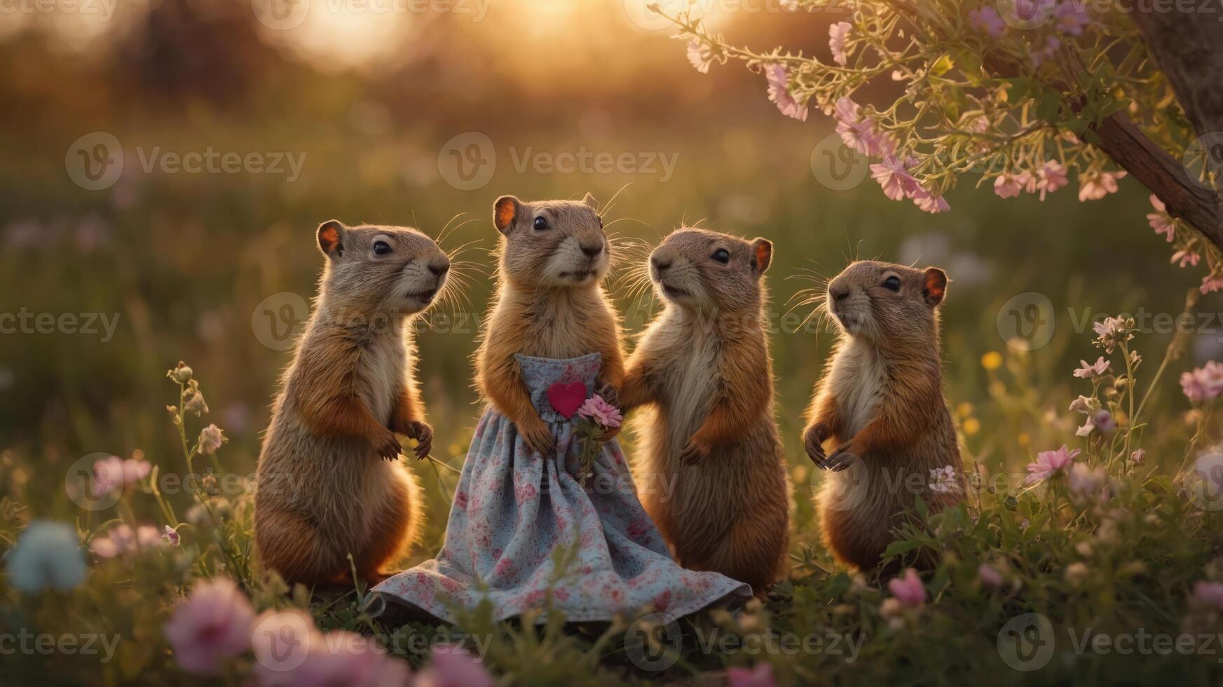Four squirrels dressed playfully, surrounded by flowers in a sunset scene. photo