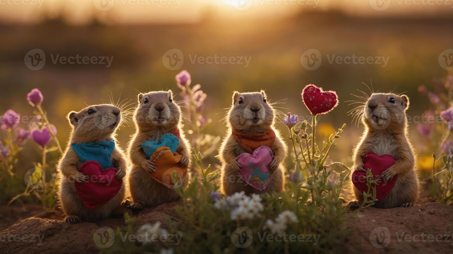 Four adorable prairie dogs holding colorful hearts in a flower-filled landscape at sunset. photo