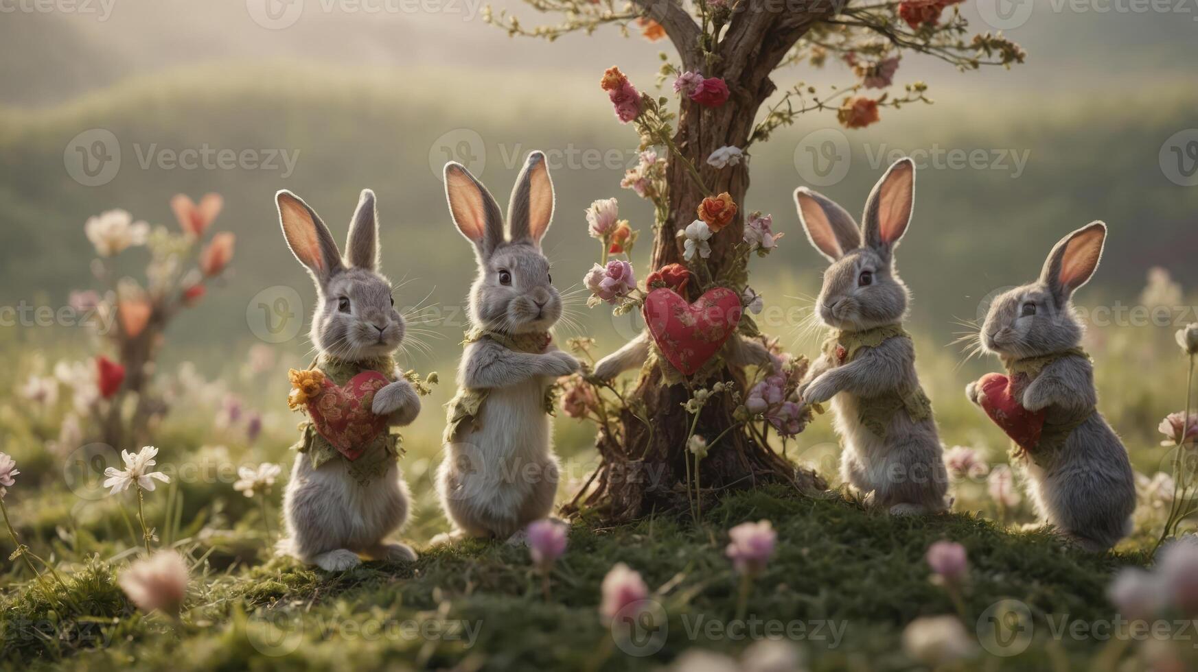 Four rabbits gather around a heart-shaped tree, celebrating love in a vibrant meadow. photo